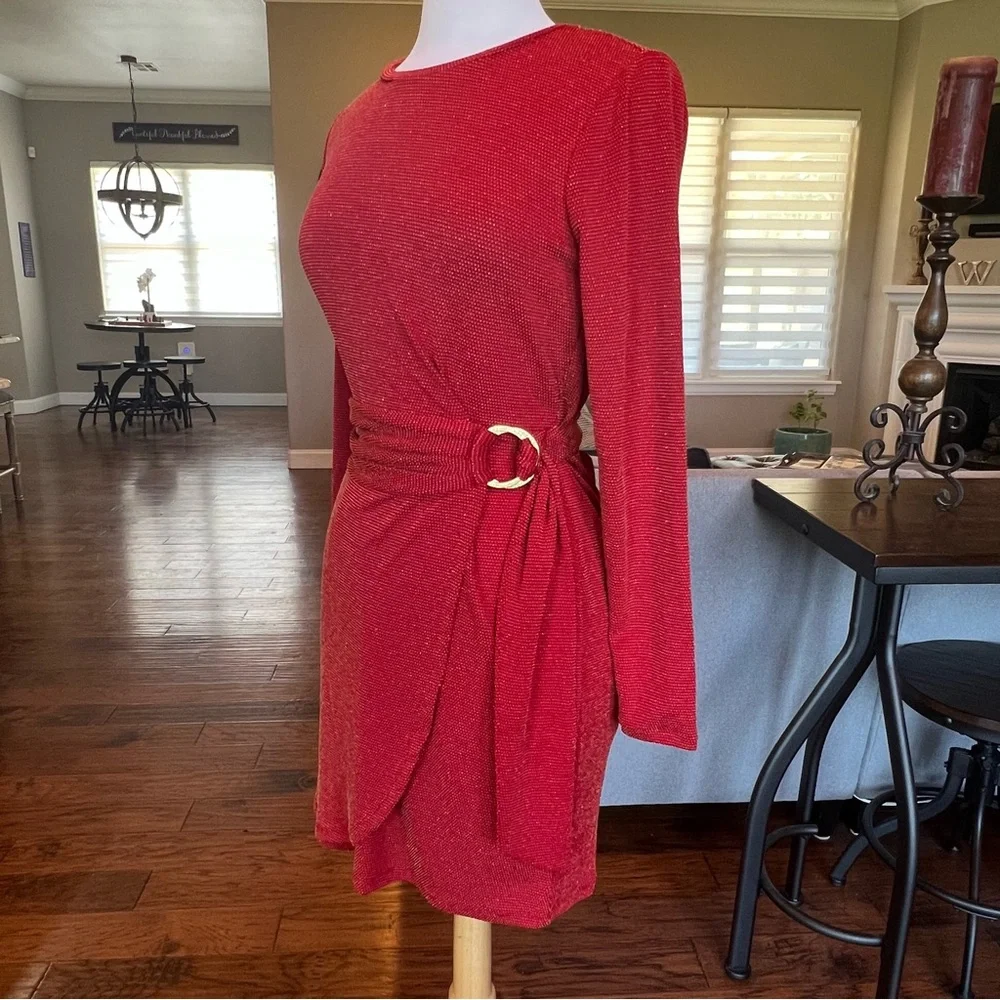 NWT $140 Michael Kors Red Dress Small Gold Metallic Faux-Wrap Crimson - Picture 6 of 15